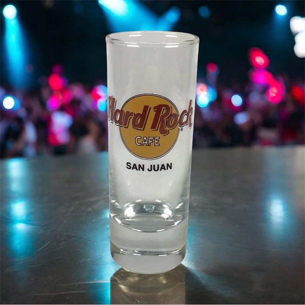 Hard Rock 4” Shot Glass San Juan Puerto Rico Double Mancave Bar Party